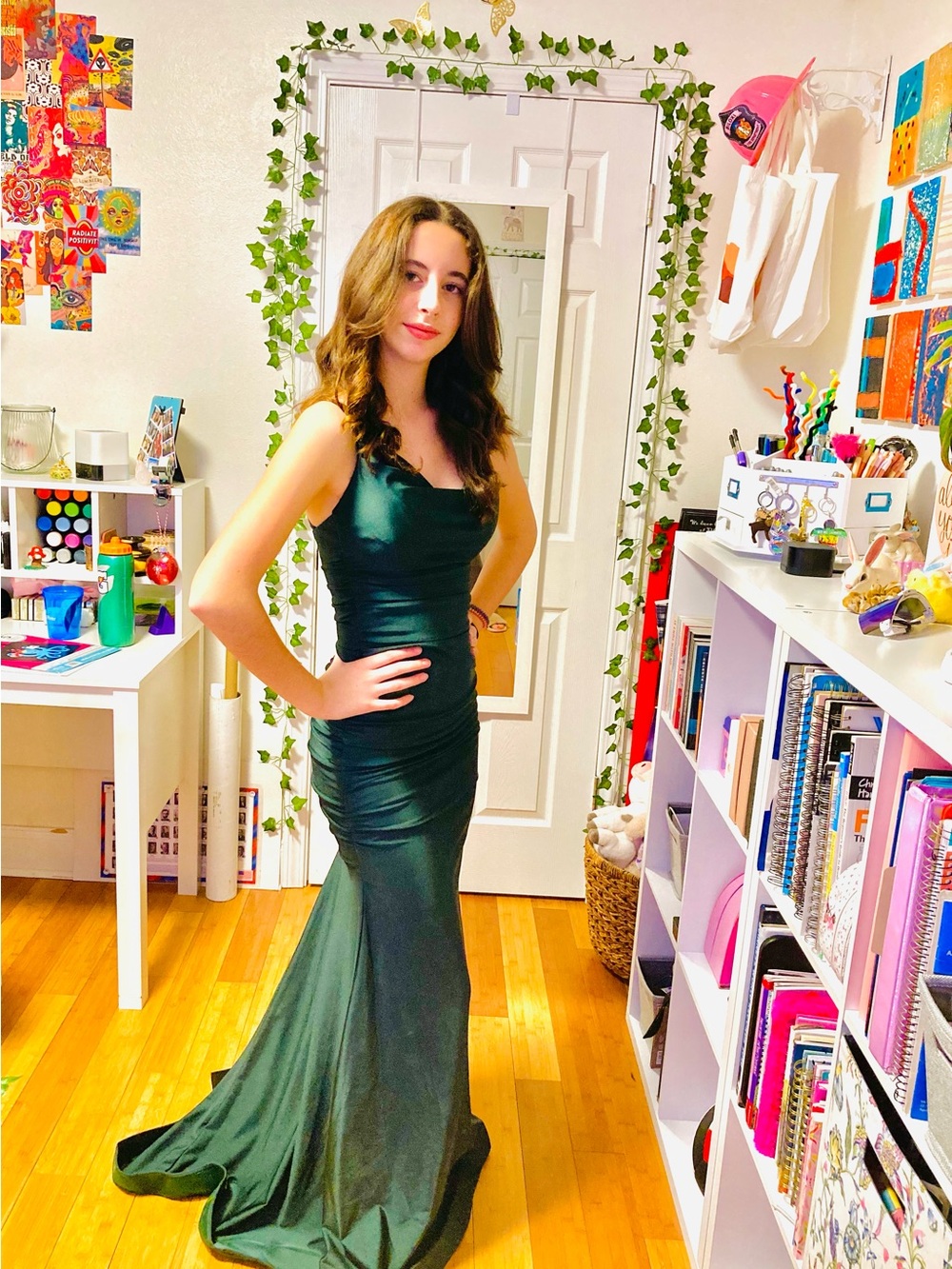 B Darlin Emerald Green Satin Mermaid Prom Dress
